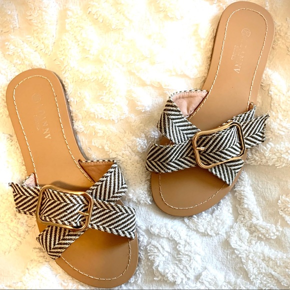 Olive Green/White Striped Buckled Sandals - Picture 1 of 4